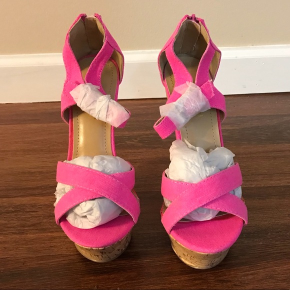 Shoe Dazzle Shoes - Fuchsia cork wedge
